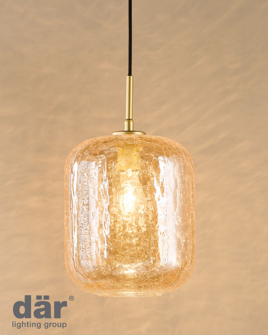 Dar Lighting Tavia Satin Gold & Amber Glass Pendant