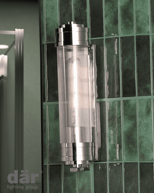 Dar Lighting Tommaso Bathroom IP44 Polished Nickel & Ribbed Glass Wall Light