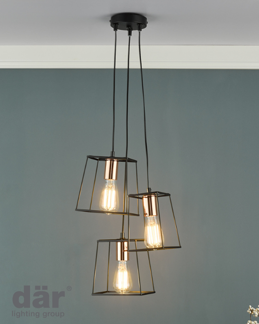 Dar Lighting Tower 3 Light Black & Copper Cluster Pendant