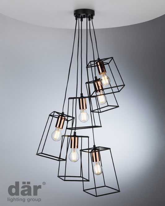 Dar Lighting Tower 6 Light Matt Black & Copper Cluster Pendant