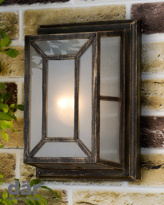 Dar Lighting Trent Outdoor IP44 Black, Gold & Frosted Glass Wall Light