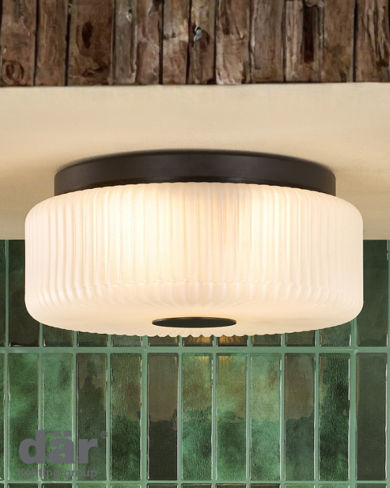 Dar Lighting Twyman IP44 3 Light Satin Black & White Ribbed Glass Flush