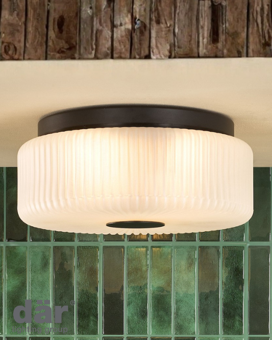 Dar Lighting Twyman IP44 3 Light Satin Black & White Ribbed Glass Flush