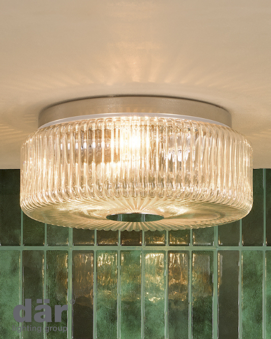 Dar Lighting Twyman IP44 3 Light Polished Chrome & Ribbed Glass Flush