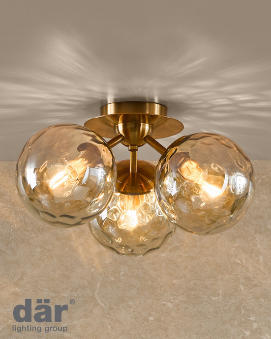 Dar Lighting Ulrika 3 Light Antique Brass & Amber Glass Flush