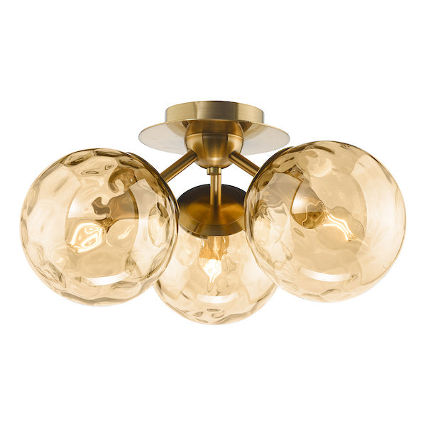 Dar Lighting Ulrika 3 Light Antique Brass & Amber Glass Flush