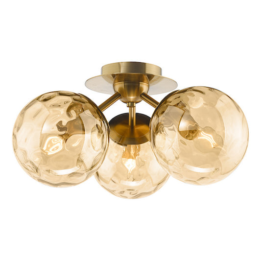 Dar Lighting Ulrika 3 Light Antique Brass & Amber Glass Flush