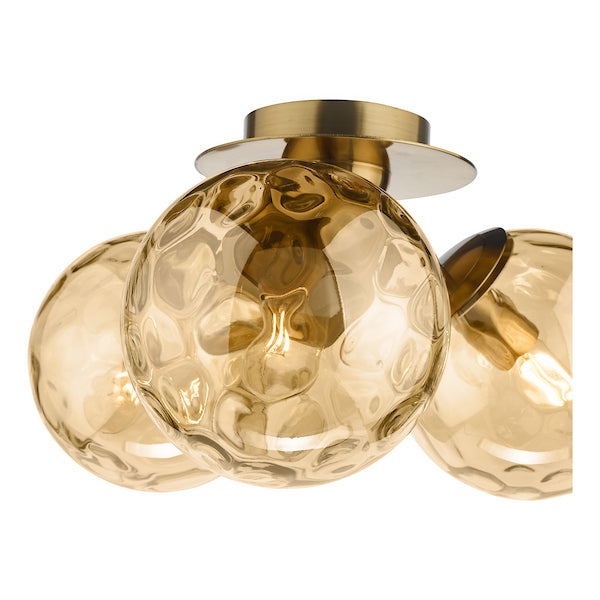 Dar Lighting Ulrika 3 Light Antique Brass & Amber Glass Flush