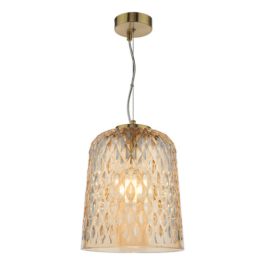 Dar Lighting Varius Natural Brass & Amber Glass Pendant