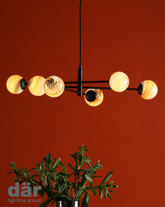 Dar Lighting Vignette 6 Light Matt Black & Planet Style Glass Pendant