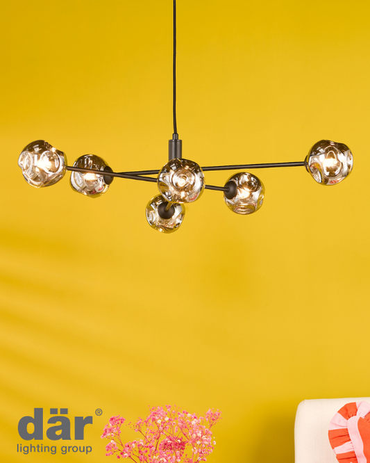 Dar Lighting Vignette 6 Light Matt Black & Closed Organic Smoked Glass Pendant