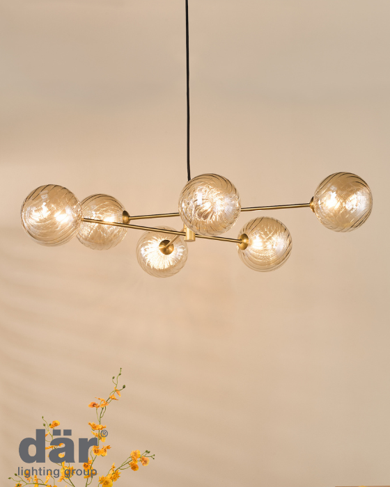 Dar Lighting Vignette 6 Light Aged Brass & Twisted Amber Glass Pendant