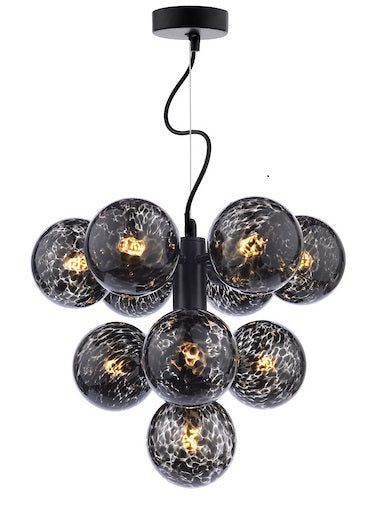 Dar Lighting Vine 10 Light Matt Black & Black Confetti Glass Cluster Pendant