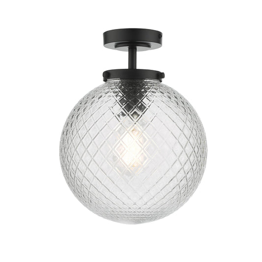Dar Lighting Wayne Bathroom IP44 Matt Black & Textured Glass Semi Flush