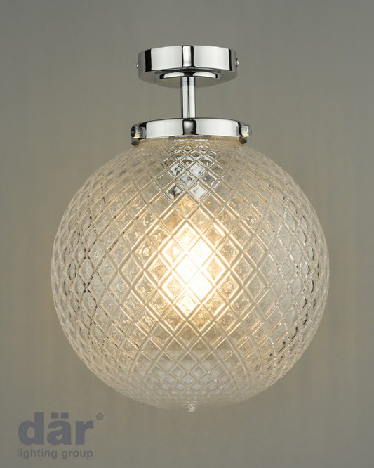 Dar Lighting Wayne Bathroom IP44 Polished Chrome & Textured Glass Semi Flush