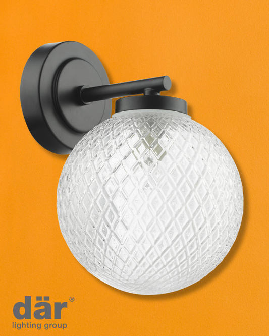 Dar Lighting Wayne Bathroom IP44 Matt Black & Glass Wall Light