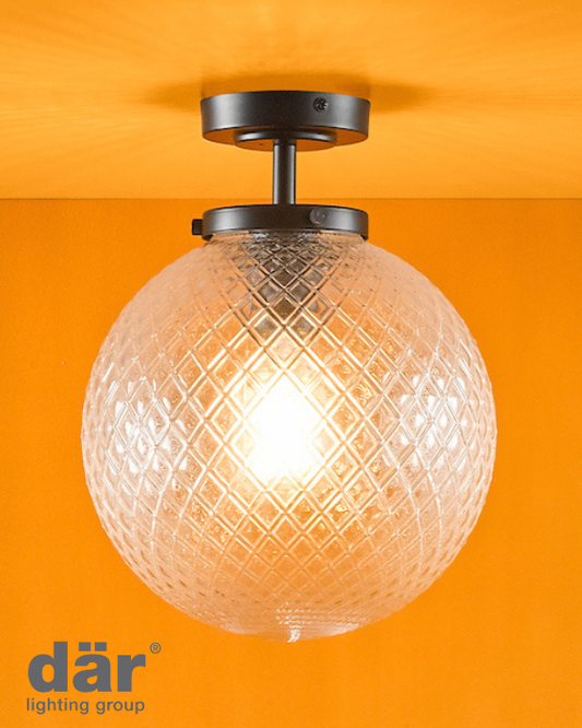 Dar Lighting Wayne Bathroom IP44 Matt Black & Textured Glass Semi Flush