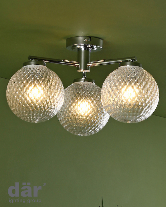 Dar Lighting Wayne Bathroom IP44 3 Light Polished Chrome & Glass Semi Flush