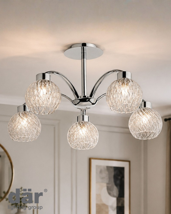 Dar Lighting Yasmin 5 Light Polished Chrome & Ribbed Glass Semi-Flush