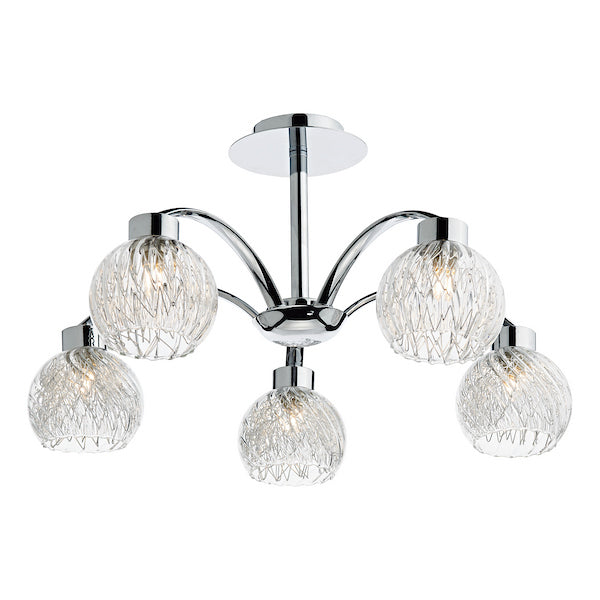 Dar Lighting Yasmin 5 Light Polished Chrome & Ribbed Glass Semi-Flush