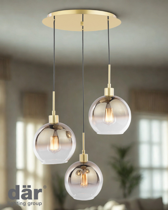 Dar Lighting Lycia 3 Light Satin Gold & Gold Ombre Glass Cluster Pendant