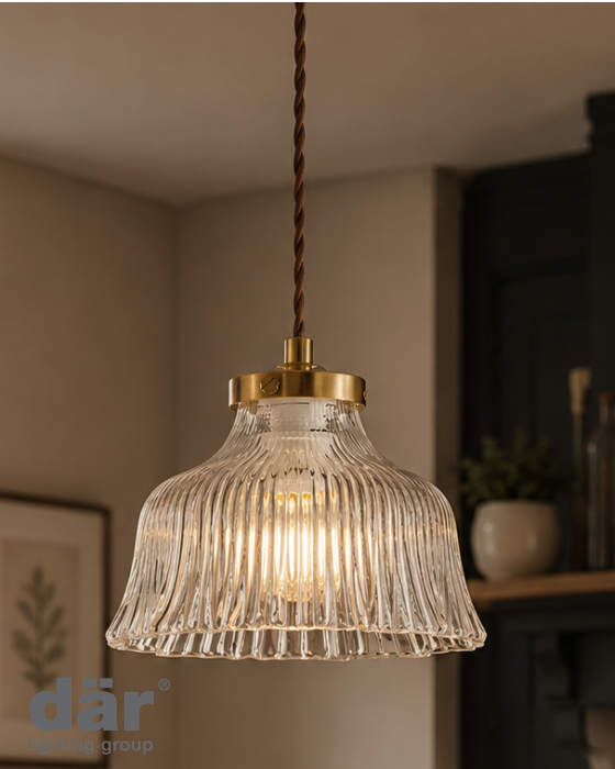 Dar Lighting Maude Natural Brass & Ribbed Glass Pendant