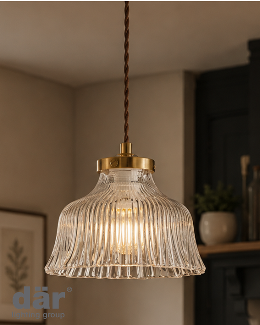 Dar Lighting Maude Natural Brass & Ribbed Glass Pendant
