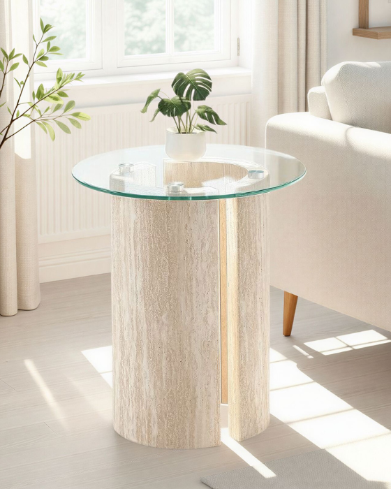 Modena Clear Glass Cream Marble Effect Side Table