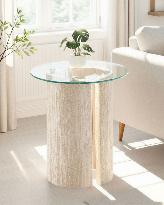 Modena Clear Glass Cream Marble Effect Side Table
