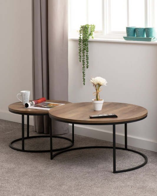 Quebec Medium Oak Effect & Black Round Coffee Table Set