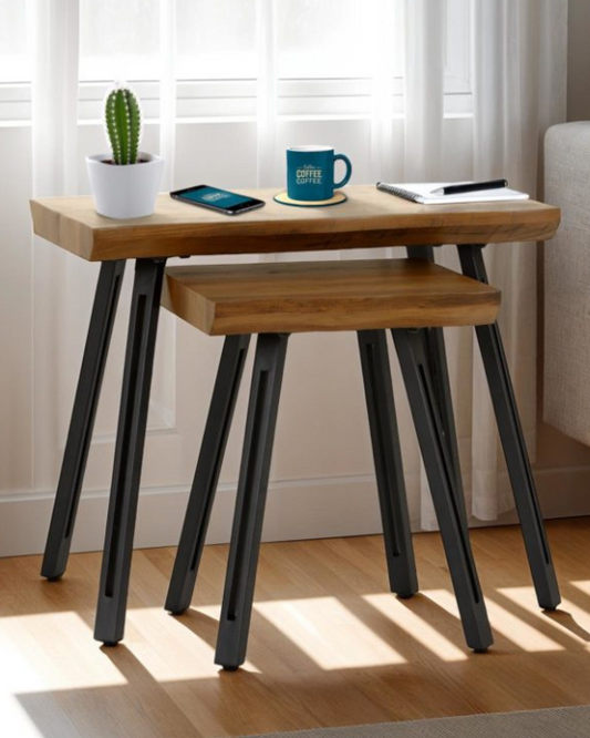 Quebec Wave Edge Medium Oak Effect & Black Nest of Tables