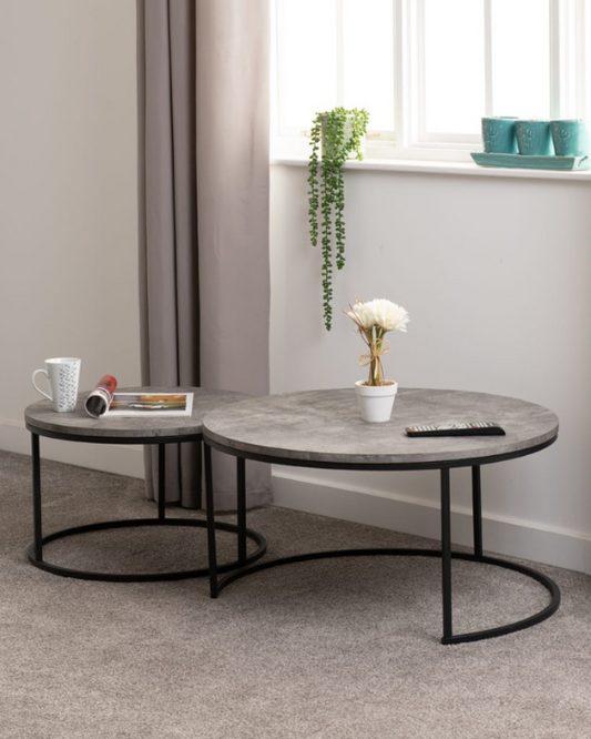 Athens Round Concrete Effect & Black Coffee Table Set