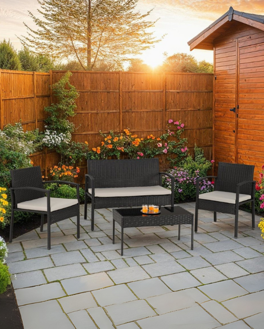 Cedar 4 Piece Black Rattan & Grey Fabric Garden Set
