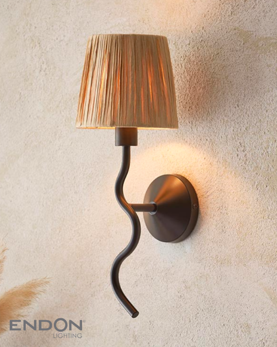 Endon Wriggle Matt Black Wall Light with Raffia Shade