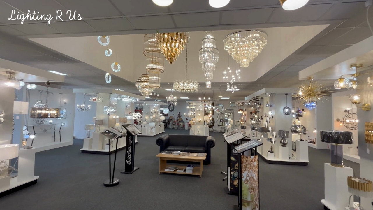 Load video: Video of Lighting R Us Wolverhampton showroom, showing the store from the ourside and focusing on the selection of light fittings available.